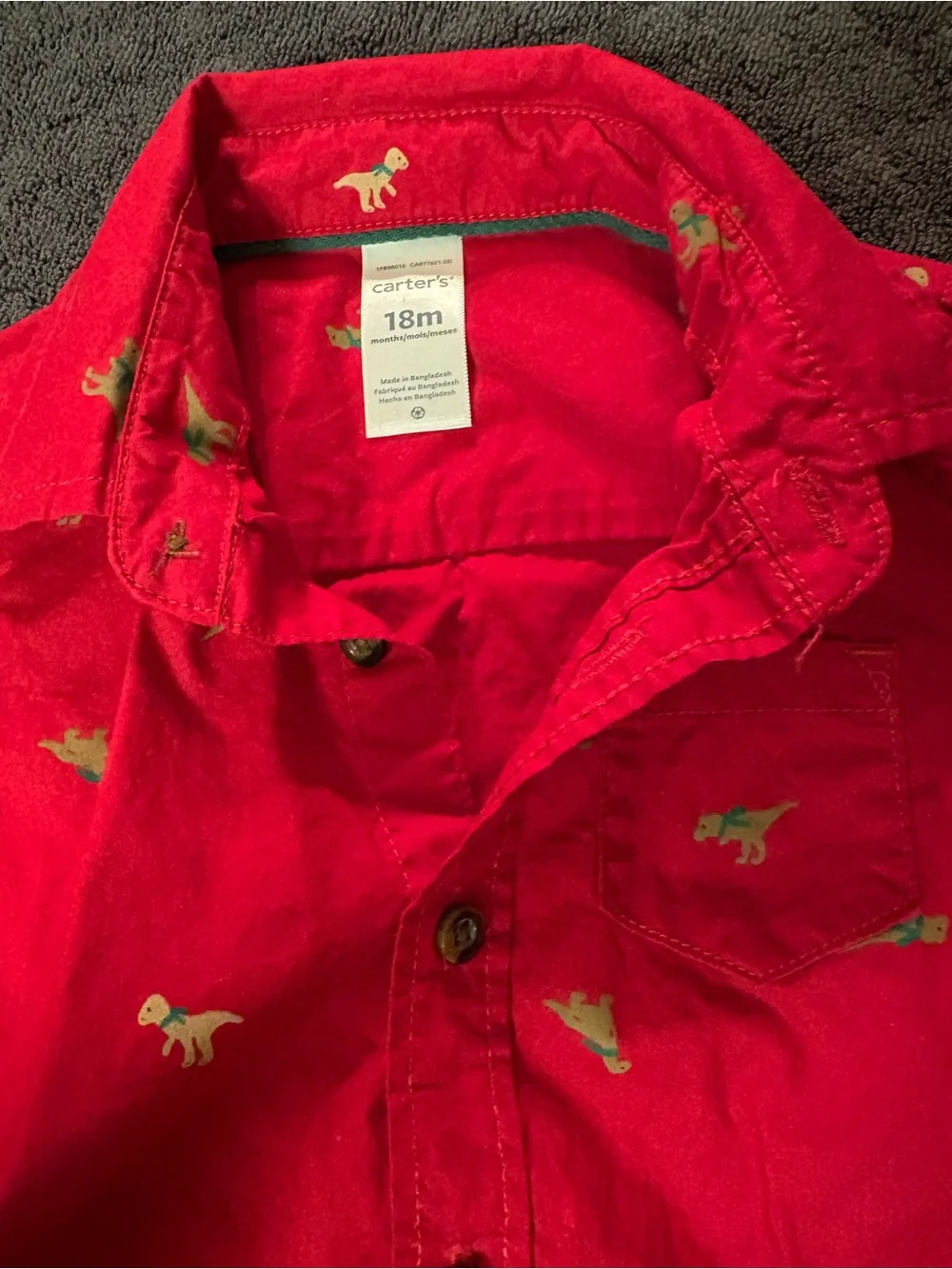 Carter's Red Button-Up One-Piece with‎ Dino Accents Size 18 months